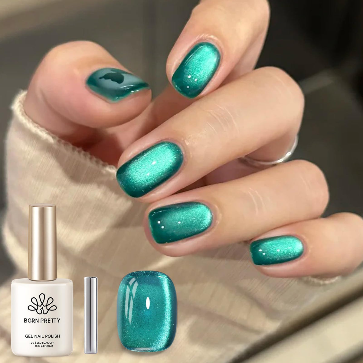 BORN PRETTY front packaging showing sea-blue magnetic gel polish and label benefits