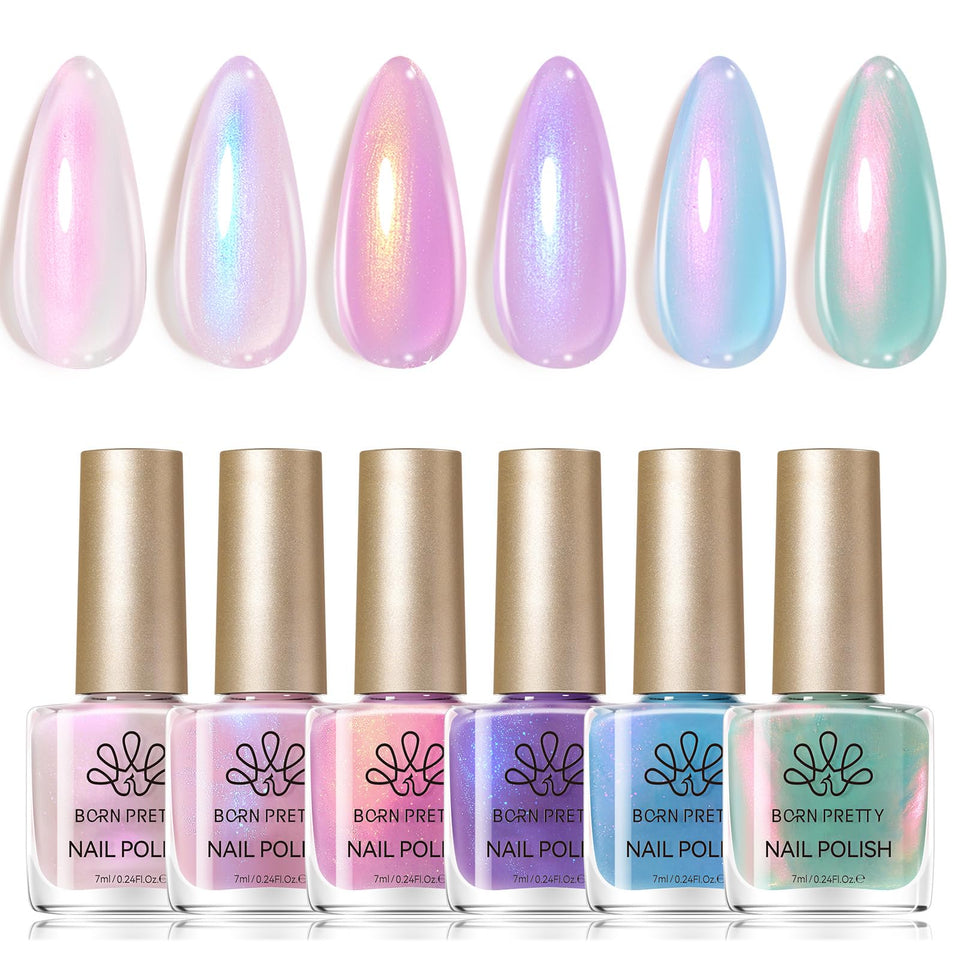Born Pretty front packaging showing six pearl shimmer bottles and quick-dry label