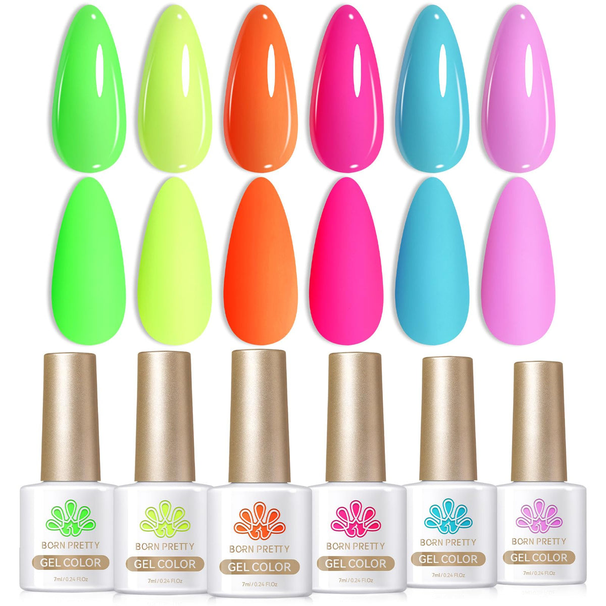 Born Pretty front packaging showing six neon gel bottles and bold colors