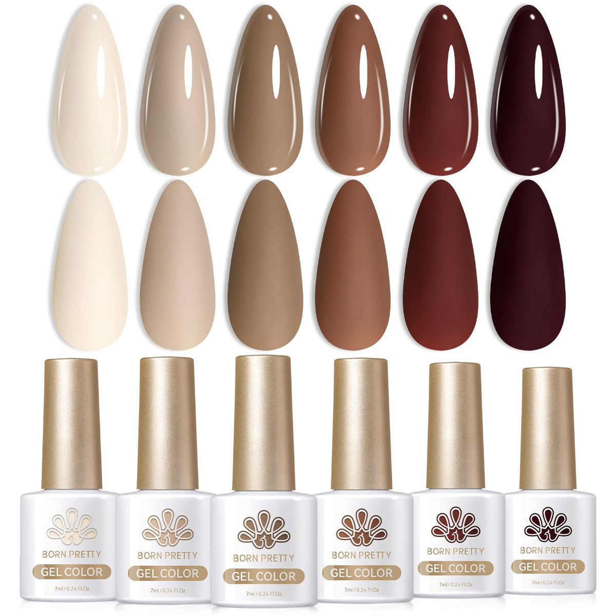 Born Pretty front packaging showing six nude brown bottles and neat display benefit: clear product overview