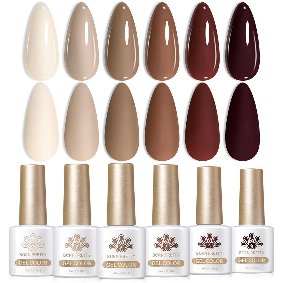 Born Pretty front packaging showing six nude brown bottles and neat display benefit: clear product overview