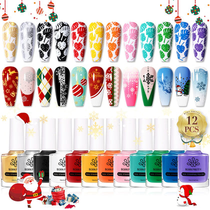 Born Pretty front packaging showing 12 stamping polish bottles and branding benefits