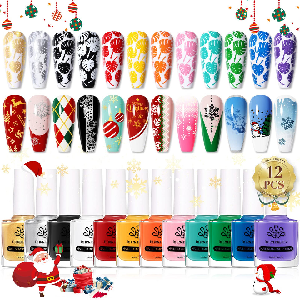 Born Pretty front packaging showing 12 stamping polish bottles and branding benefits