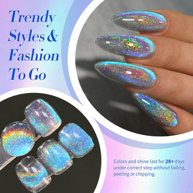 Born Pretty manicured hand wearing finished blue purple cat-eye polish benefit: salon-grade look