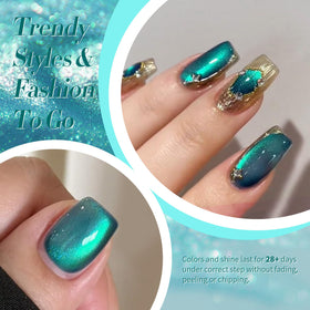 BORN PRETTY applied on a model hand showing salon-quality sea-blue manicure