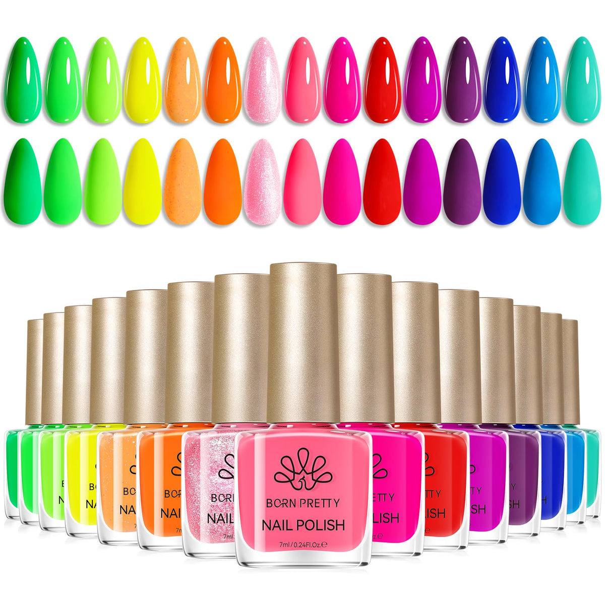 Born Pretty front packaging showing 15 neon polish bottles and kit benefit