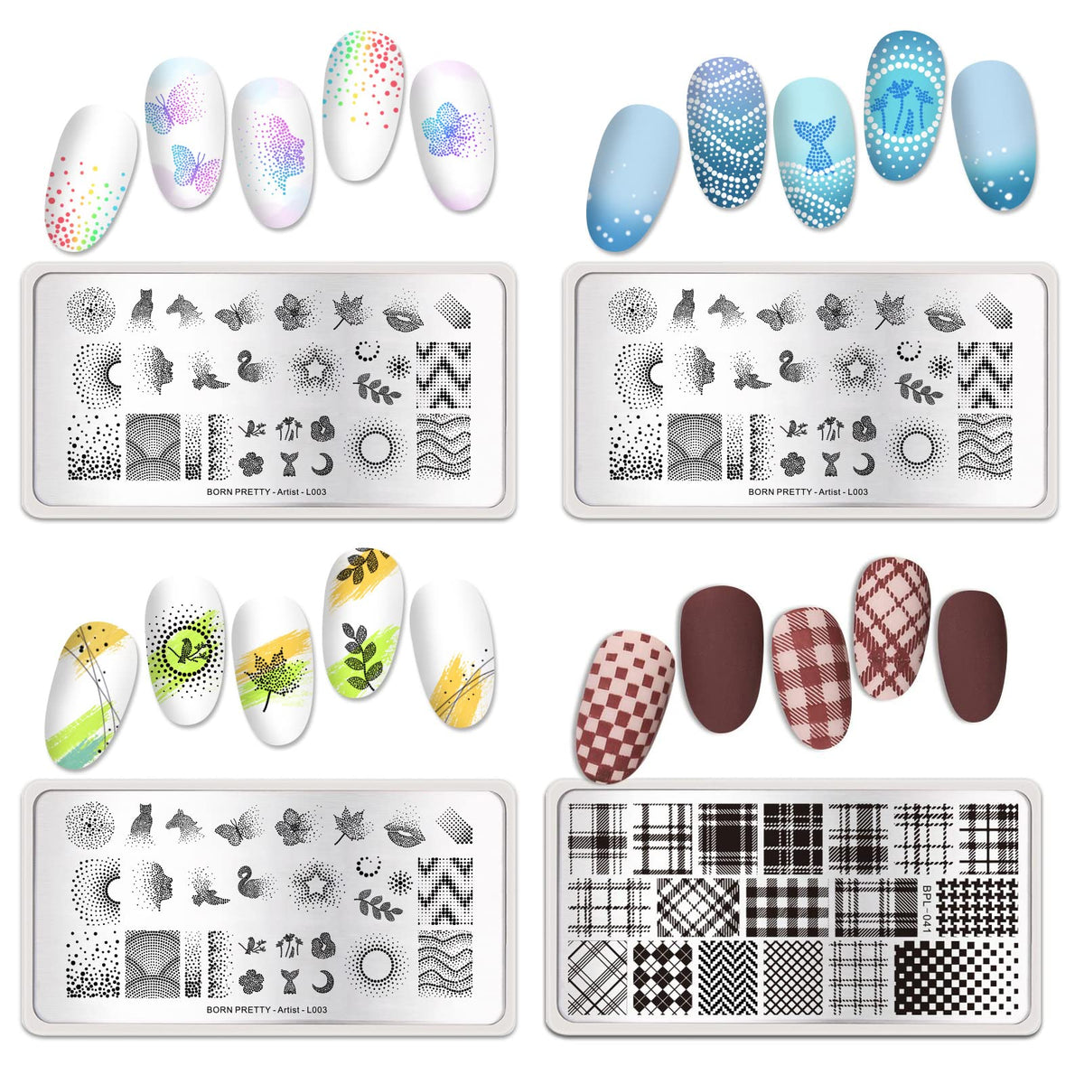 Born Pretty plates in use demonstrating stamping transfer on a nail