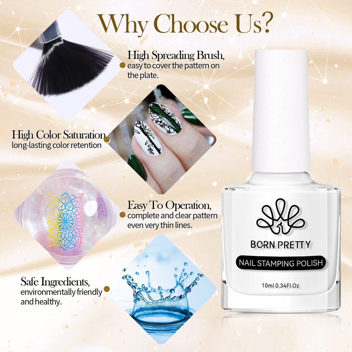 BORN PRETTY white polish stamped over dark base for high contrast design