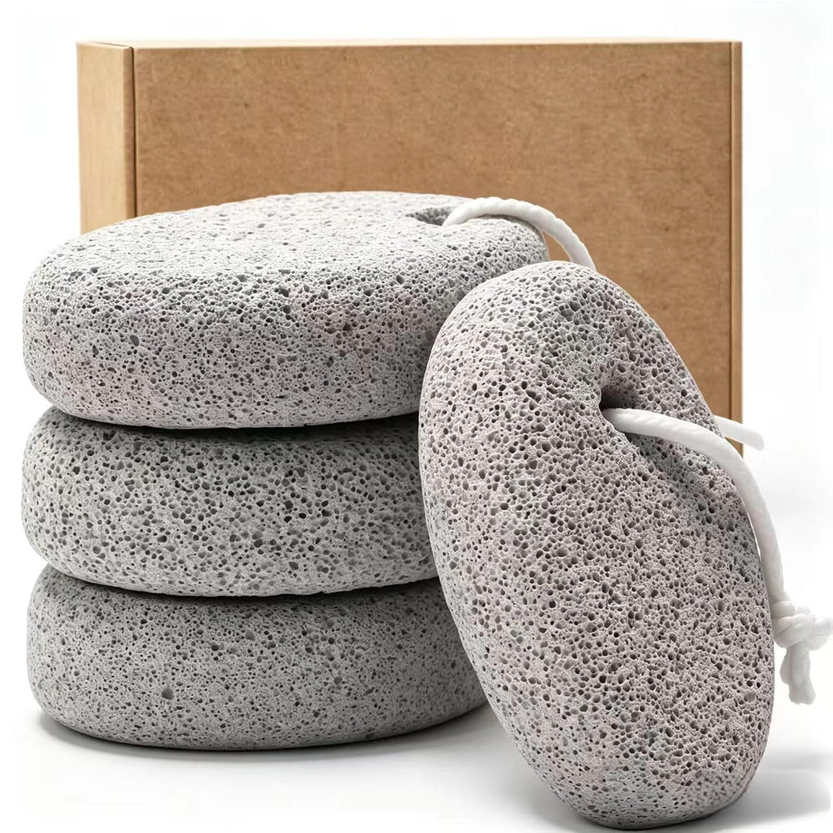 Borogo front pack showing four pumice stones and compact packaging for home use