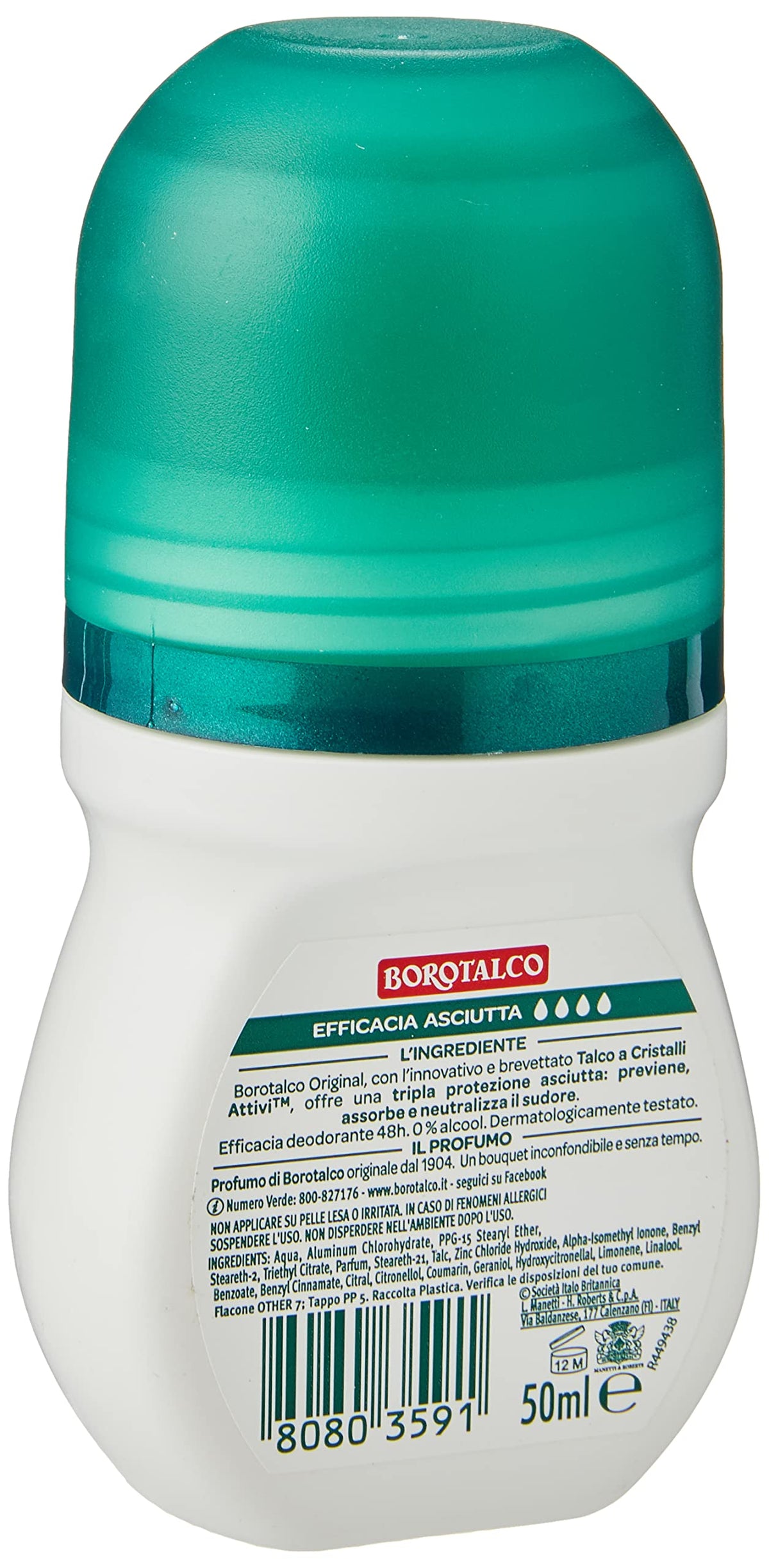 Borotalco roll-on open applicator ball close-up demonstrating smooth, precise application benefit