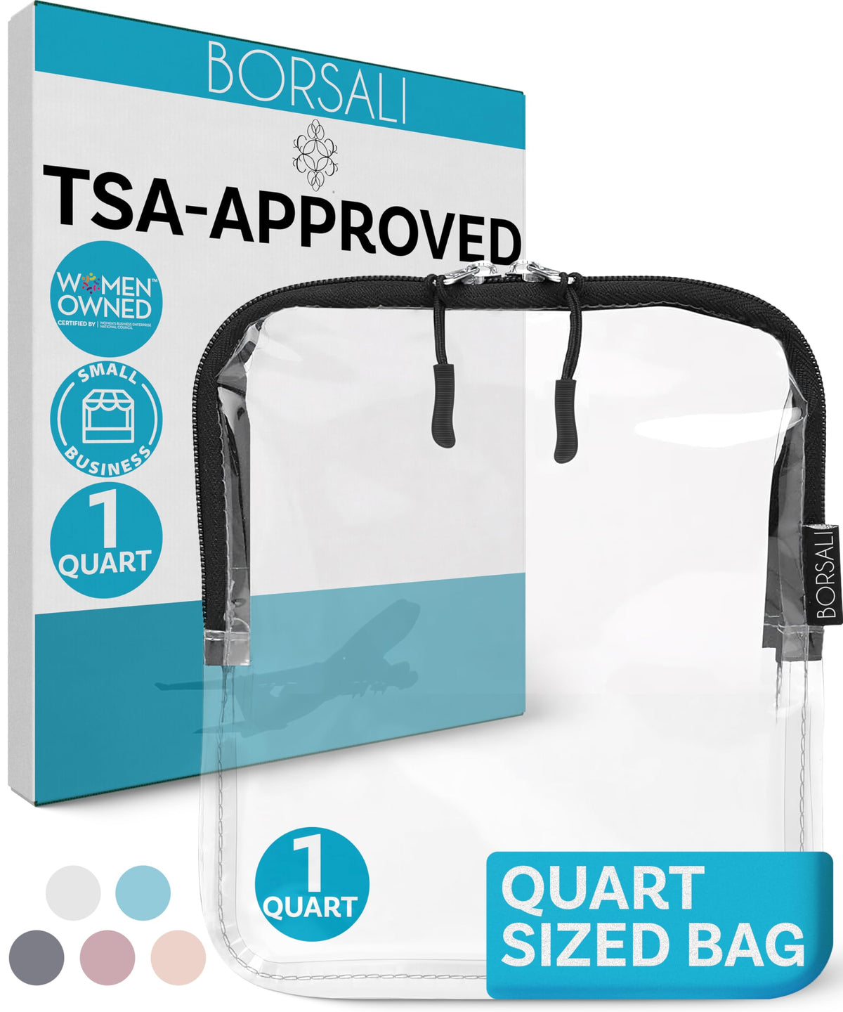 BORSALI front packaging clear quart showing TSA compliance and quick visibility benefit