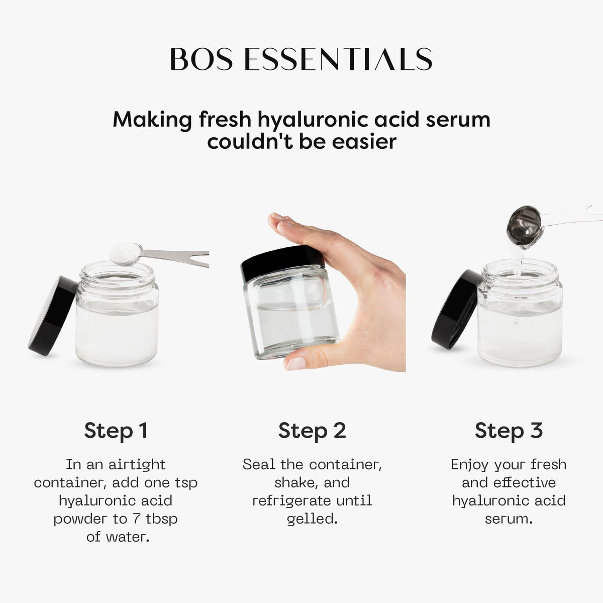 Bos Essentials serum in clear bottle beside measuring scale showing yield