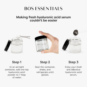 Bos Essentials serum in clear bottle beside measuring scale showing yield