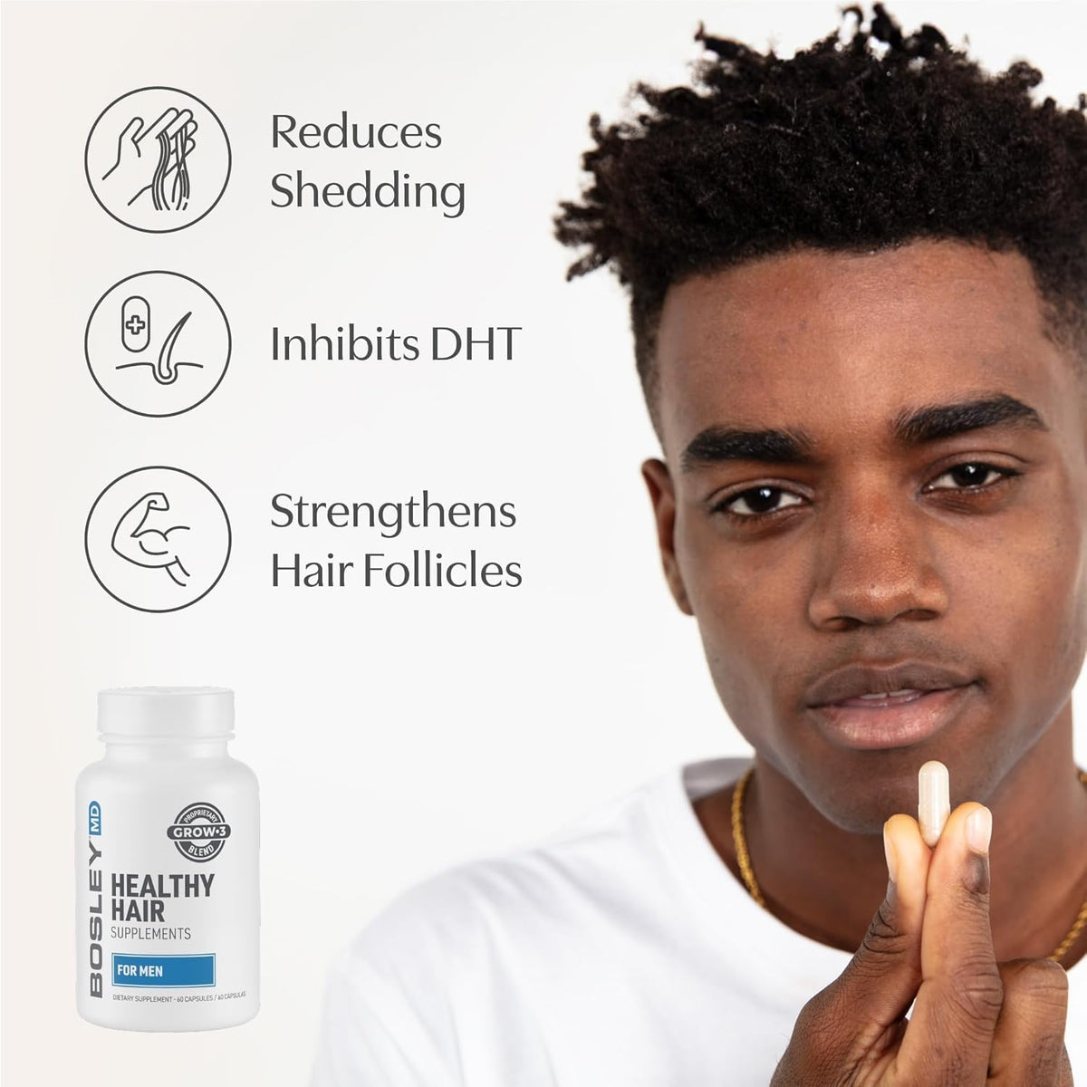 BosleyMD single capsule close-up highlighting smooth vegan capsule and texture benefit