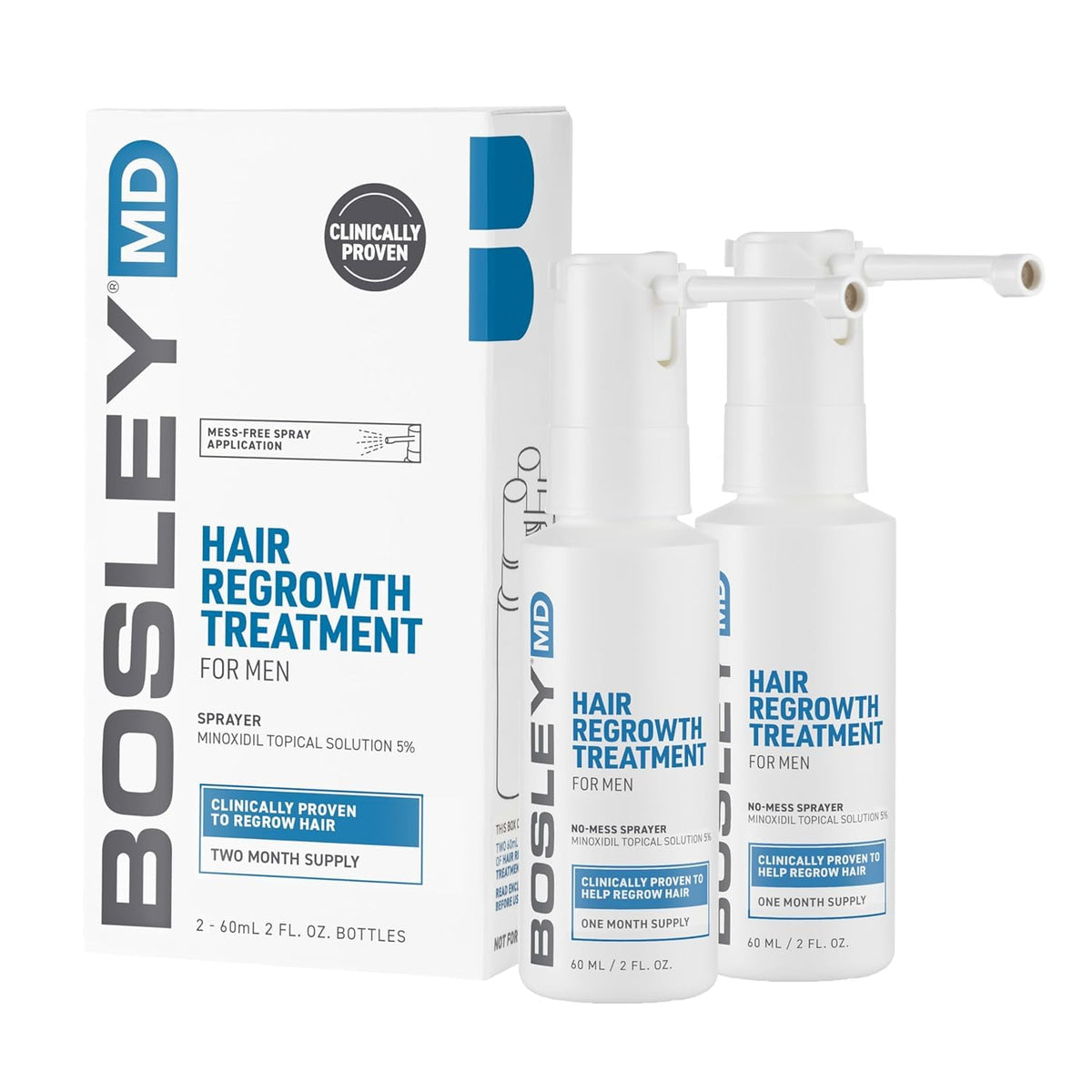 BosleyMD front packaging showing two spray bottles and clear labeling benefit