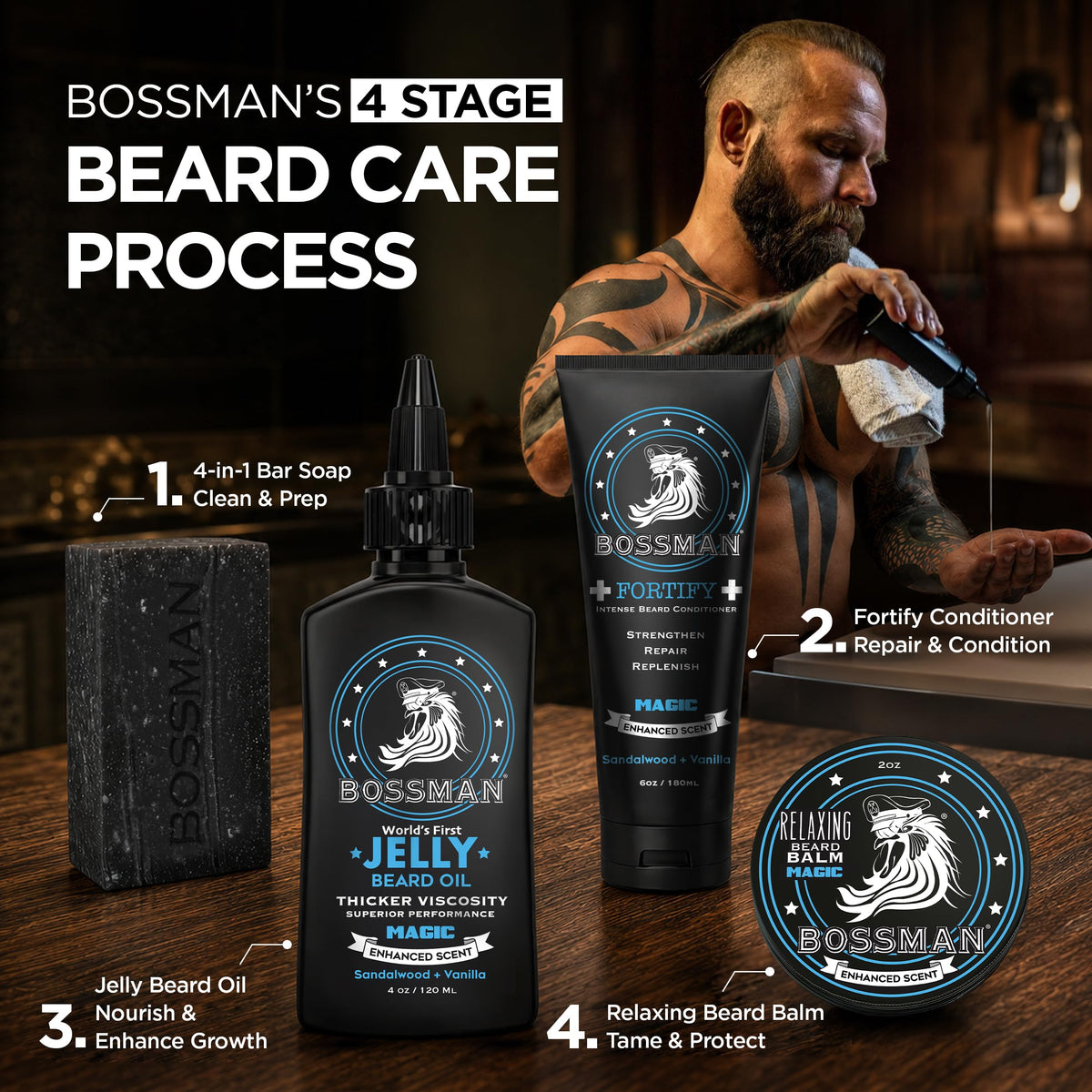 Bossman lifestyle shot of man outdoors showing confident groomed beard