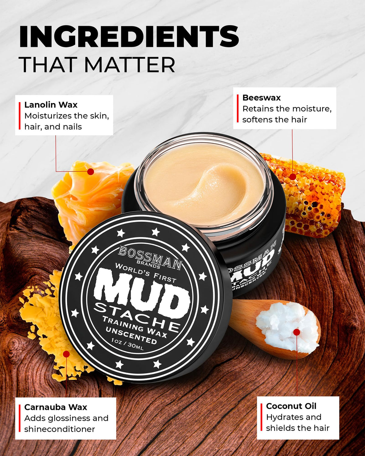 Bossman MUDstache texture close-up showing clay-like consistency for strong hold