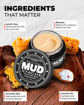 Bossman MUDstache texture close-up showing clay-like consistency for strong hold