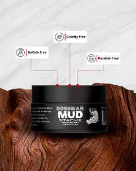 Bossman MUDstache on styled handlebar mustache illustrating precise shaping benefit