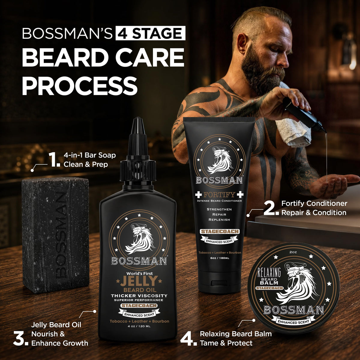 Bossman ingredients display with shea and avocado oils communicating natural nourishment benefit