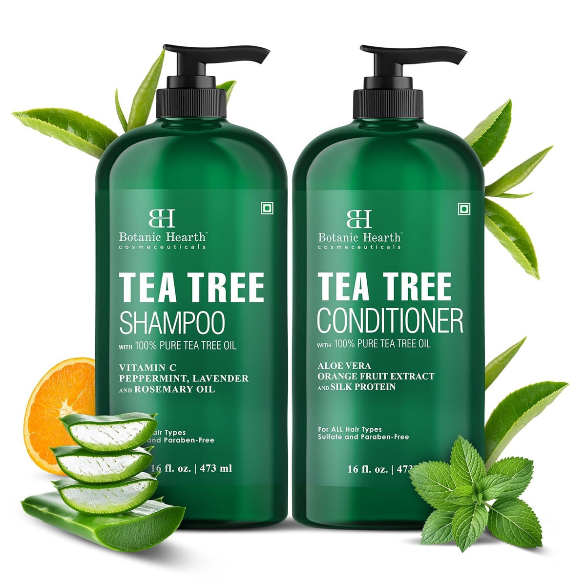 Close-up of Botanic Hearth bottle label highlighting tea tree oil and sulfate-free benefit
