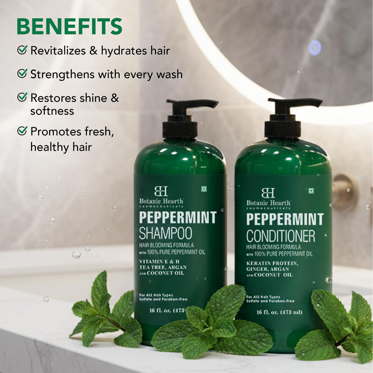 Botanic Hearth label close-up highlighting keratin and peppermint benefits