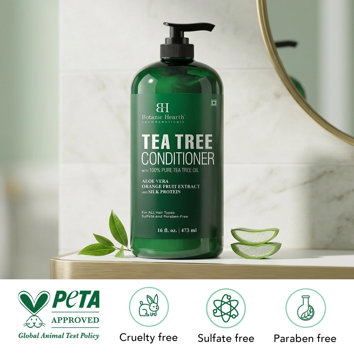 Botanic Hearth conditioner on bathroom shelf suggesting daily use