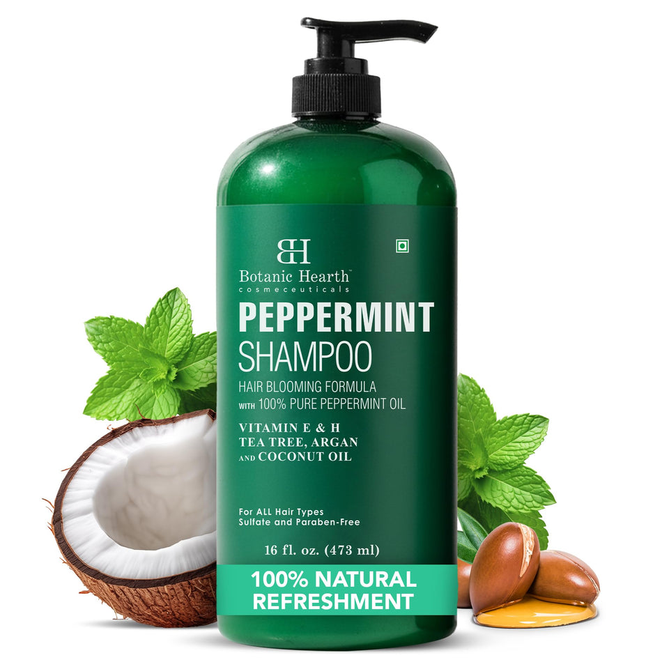 Botanic Hearth bottle front view showing peppermint shampoo benefits