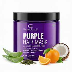 Botanic Hearth front jar of purple hair mask showing product benefit of toning brassiness