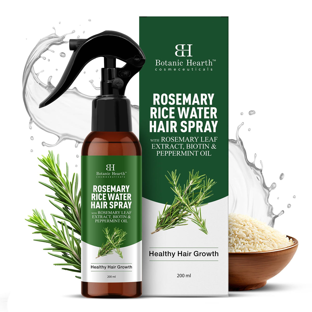 Botanic Hearth front packaging showing rosemary rice water spray benefits
