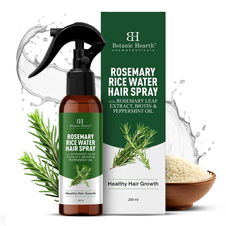 Botanic Hearth front packaging showing rosemary rice water spray benefits