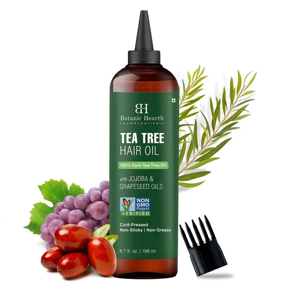 Botanic Hearth front packaging showing tea tree scalp oil and benefits