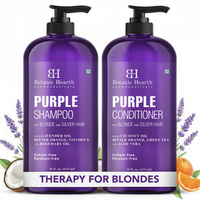 Botanic Hearth front packaging showing both 16 fl oz shampoo and conditioner bottles with clear labeling and cooler tones benefit