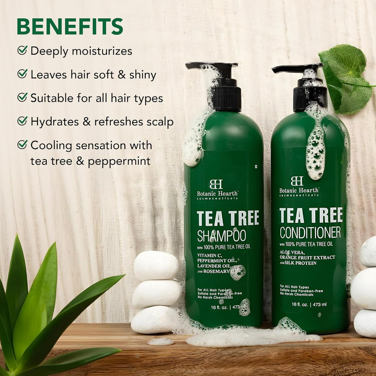Person rinsing hair with Botanic Hearth set showing cooling scalp relief in shower