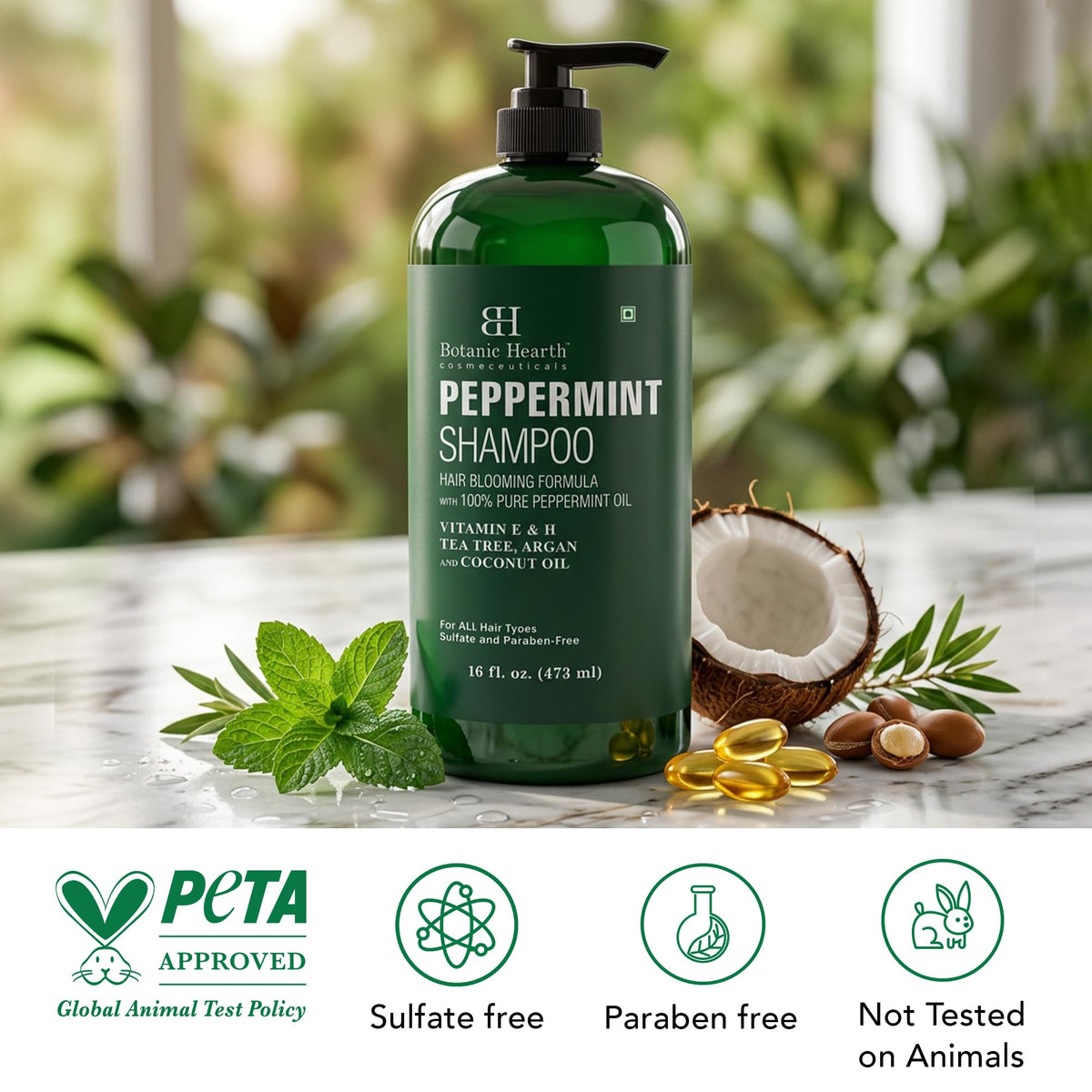 Botanic Hearth peppermint leaves and argan nuts emphasizing natural ingredients