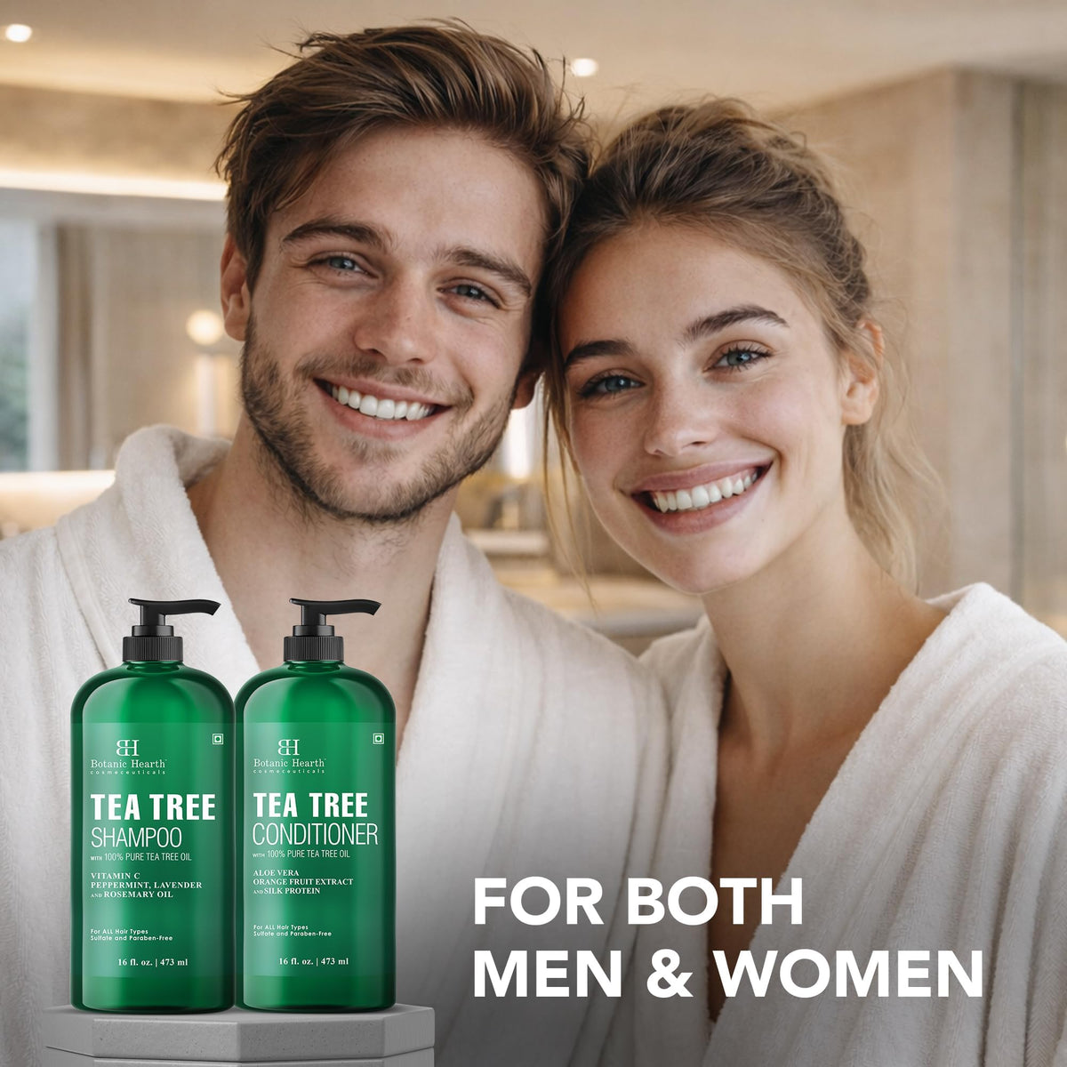 Tea tree leaves and mint sprigs with Botanic Hearth bottles showing natural ingredients