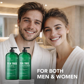 Tea tree leaves and mint sprigs with Botanic Hearth bottles showing natural ingredients