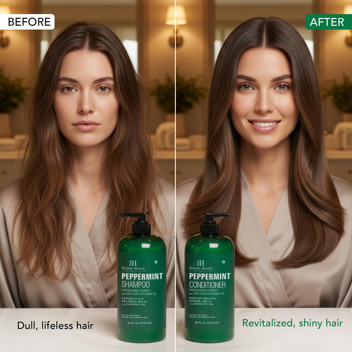 Botanic Hearth shampoo and conditioner pair on bathroom shelf for routine