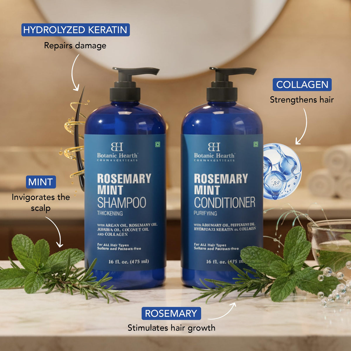 Botanic Hearth pouring shampoo into hand to illustrate easy dispensing and coverage