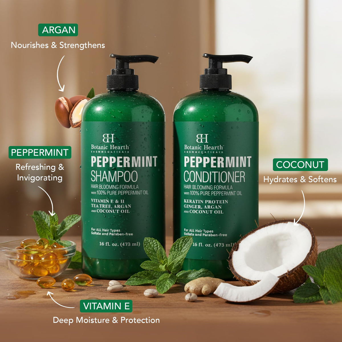Botanic Hearth shampoo being poured showing refreshing mint texture