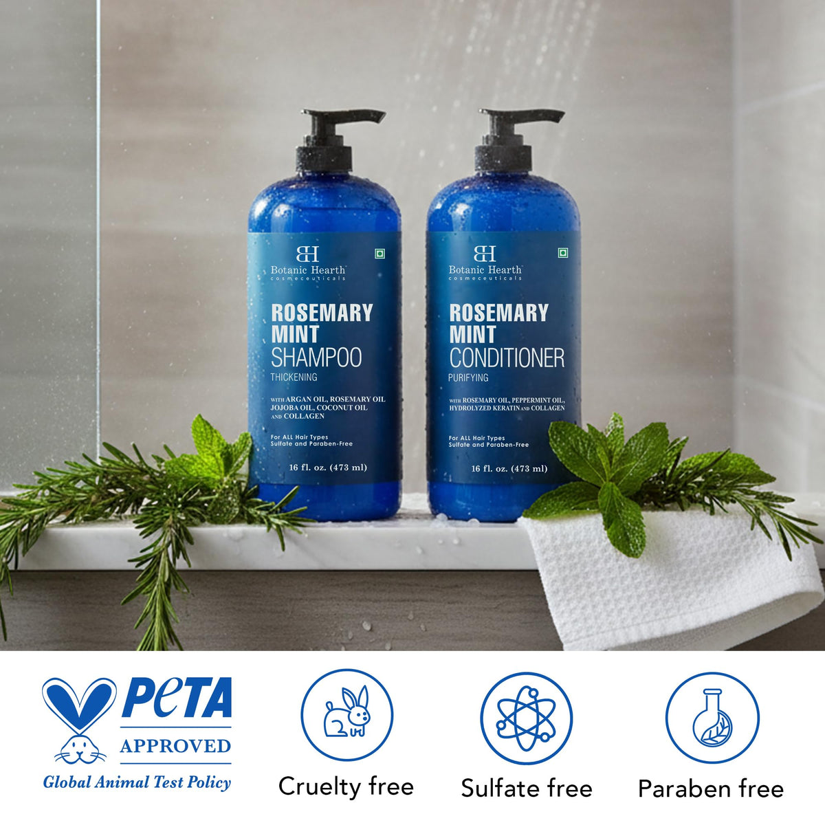 Botanic Hearth bottle next to a hand showing 16 fl oz scale for quantity reference