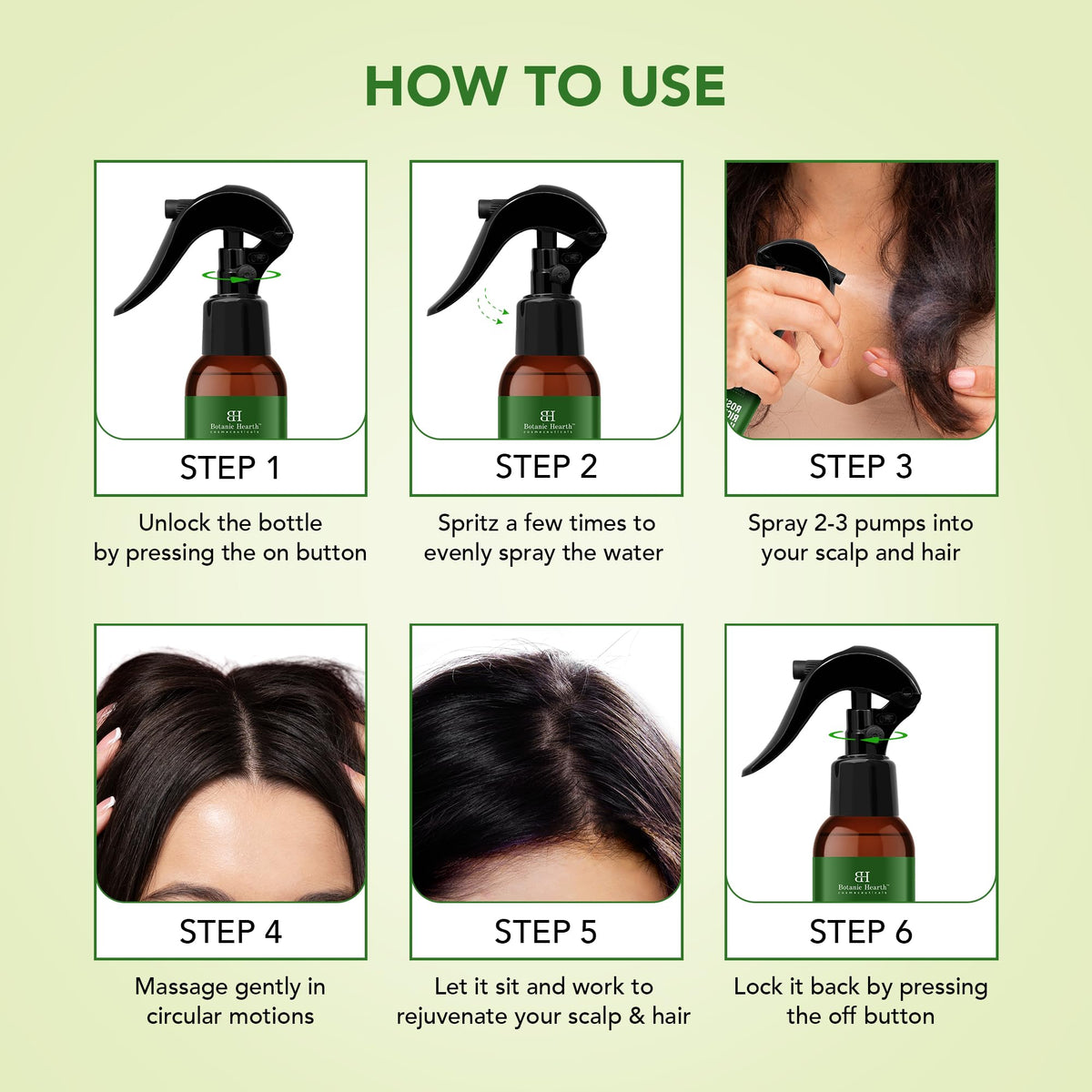 Botanic Hearth spray applied to scalp showing soothing benefit