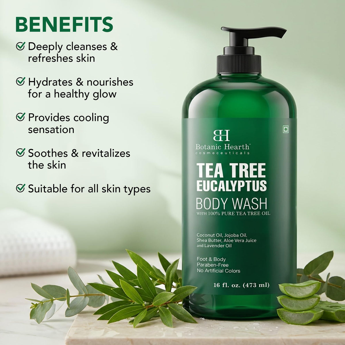 Botanic Hearth gel texture close-up illustrating smooth lathering and gentle cleansing benefit
