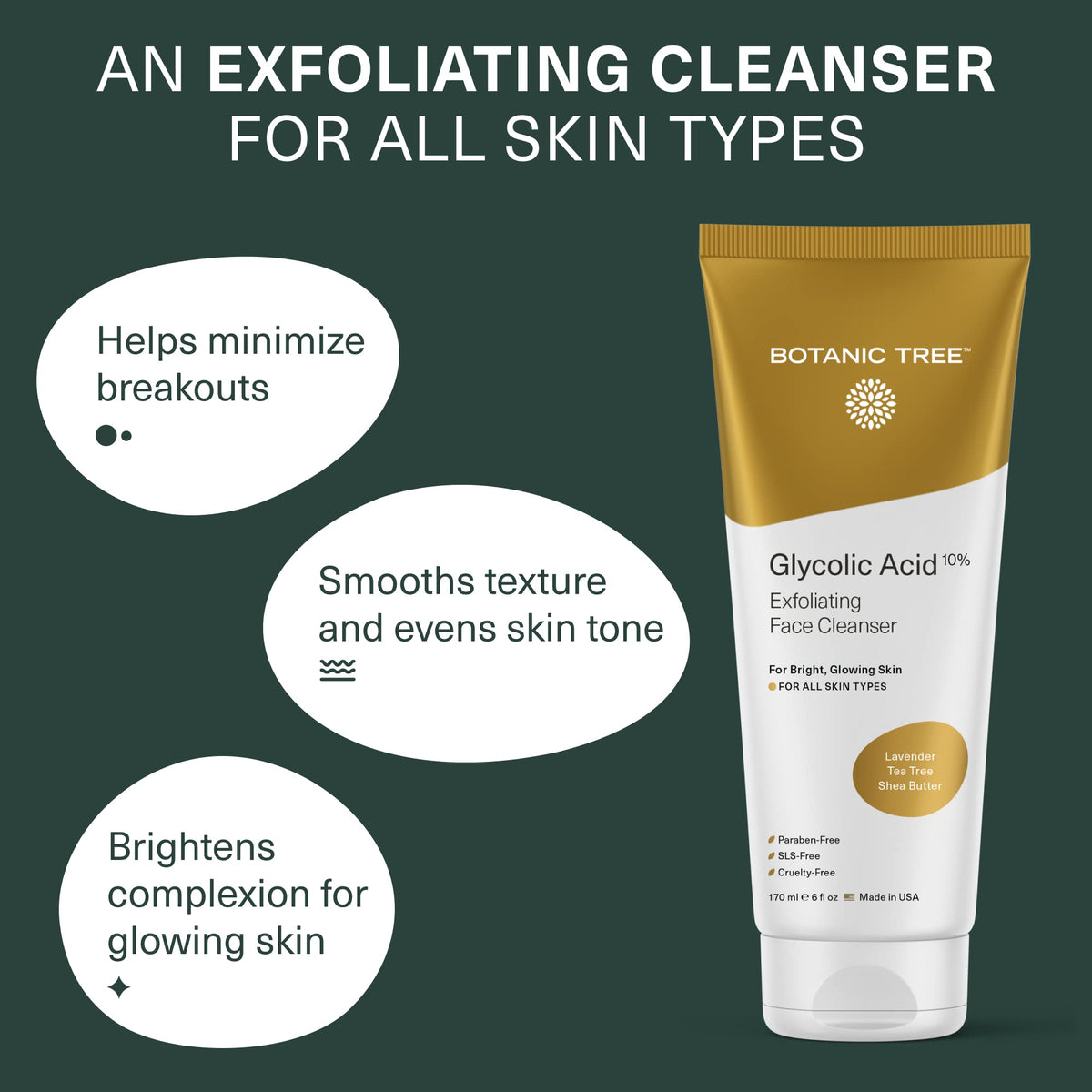 Botanic Tree gel texture close-up showing exfoliating lather and smooth feel