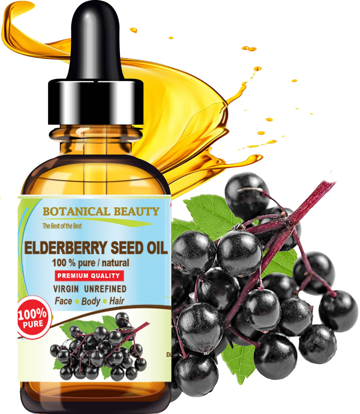 Botanical Beauty oil pouring from dropper to show purity and smooth flow for application