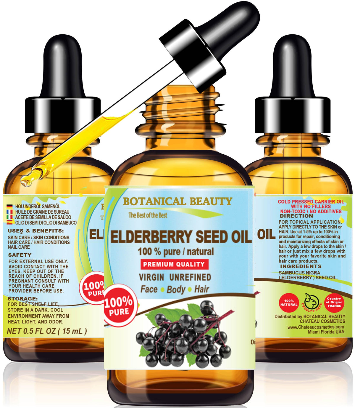 Botanical Beauty front bottle showing elderberry seed oil, clear label, nourishing benefits