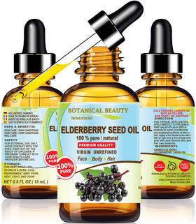 Botanical Beauty front bottle showing elderberry seed oil, clear label, nourishing benefits