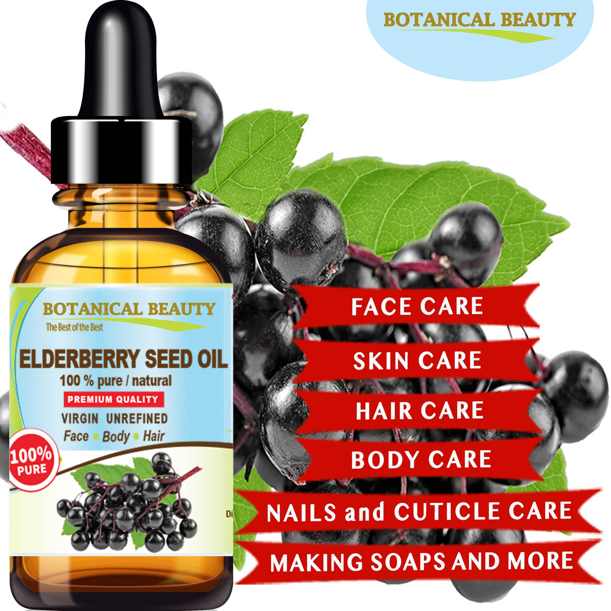 Botanical Beauty label detail on 15 ml bottle highlighting cold-pressed, unrefined claim