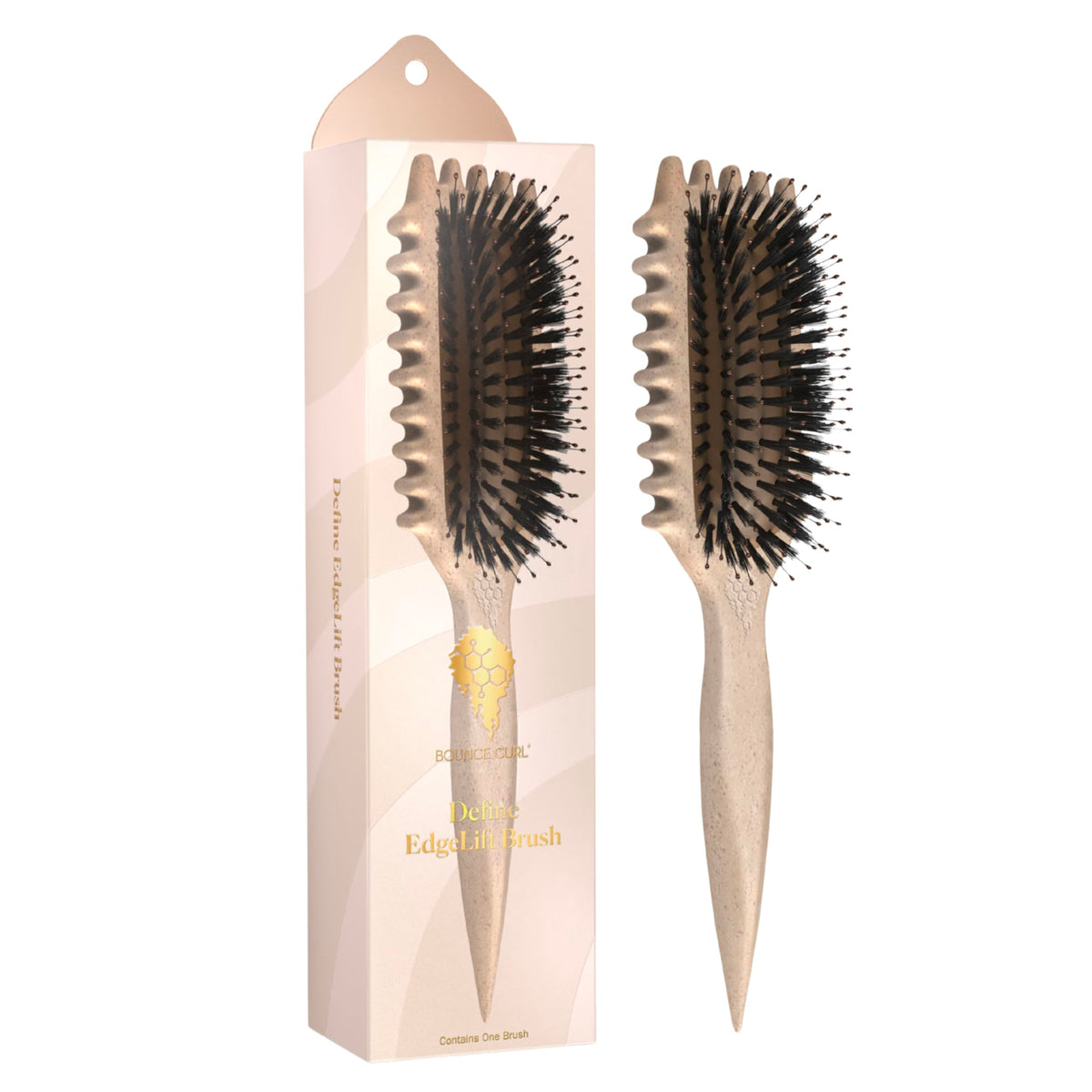 Bounce Curl Define EdgeLift Brush front view showing ergonomic shape and tan finish for easy styling