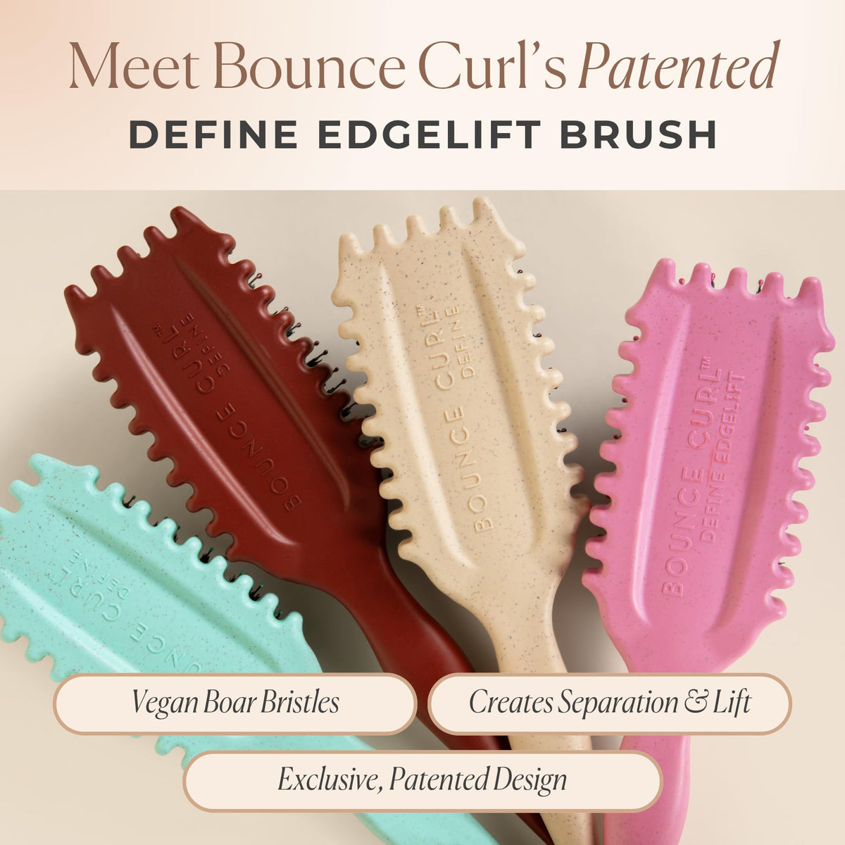Bounce Curl brush being used on damp curly hair to reduce frizz and enhance curl clumps